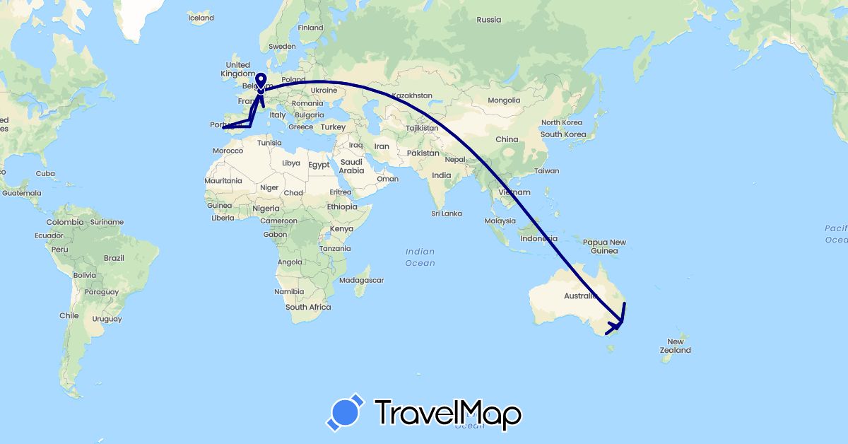 TravelMap itinerary: driving in Australia, Belgium, Spain, France, Italy, Portugal (Europe, Oceania)